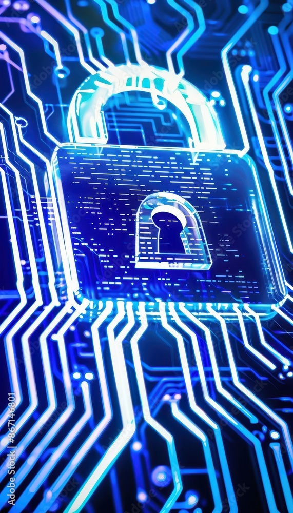 Poster Digital lock icon on a blue circuit board background representing cybersecurity and data protection technology.
