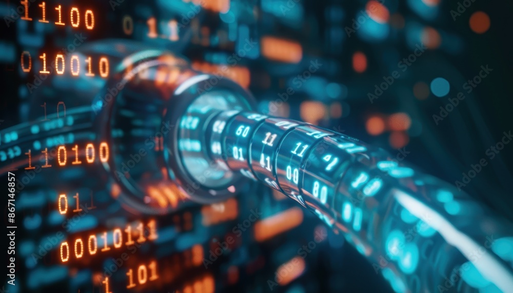 Poster Digital data cables with binary code representing high-speed internet connection and data transfer in a modern technological setting.