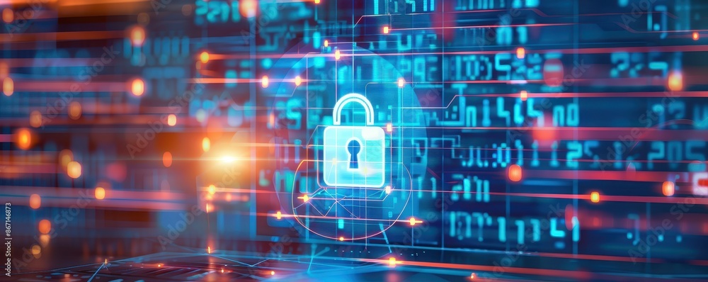 Leinwandbilder Digital cybersecurity concept with a glowing lock symbol and computer code in the background, representing data protection and online security.