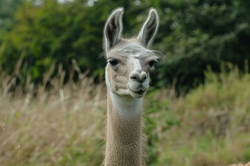 Fototapeta premium White llama is standing in a field and looking forward