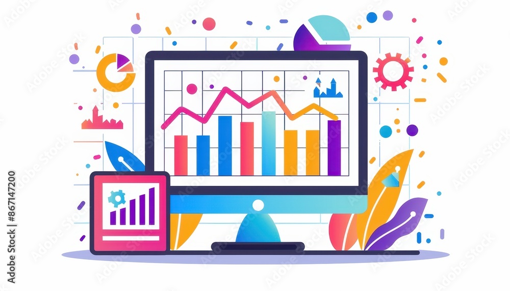 Aufkleber colorful data analysis on a computer screen and tablet, illustrating charts and graphs for business 