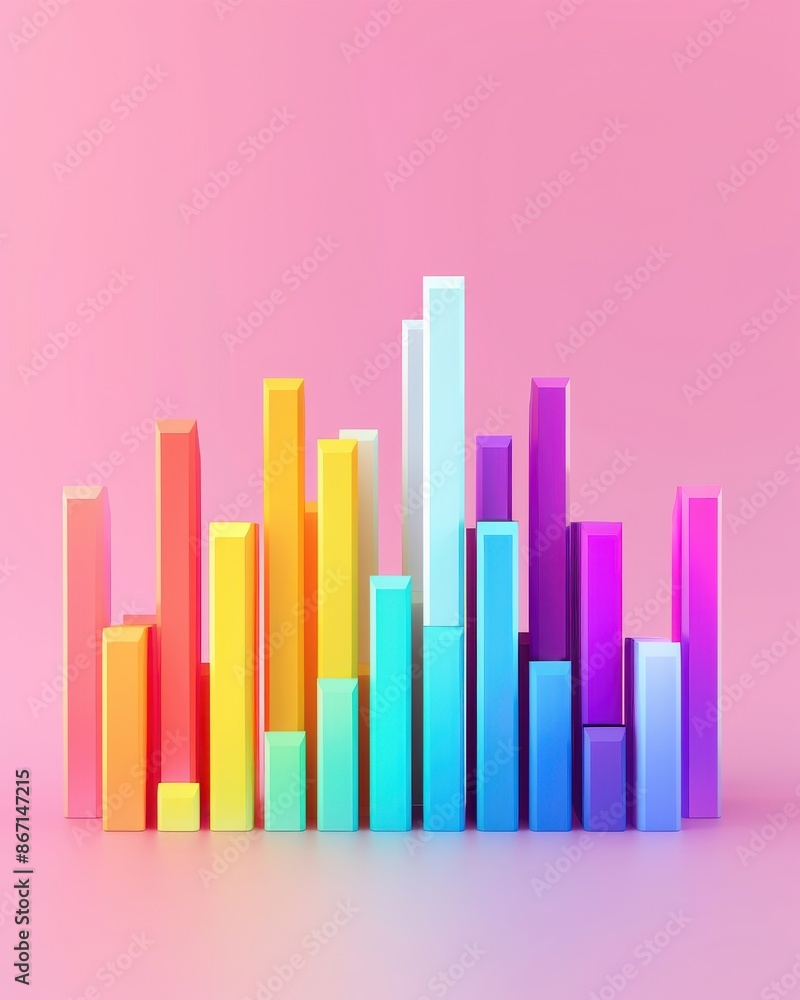 Poster colorful bar chart on a pastel pink background representing business data, statistics, and analytics