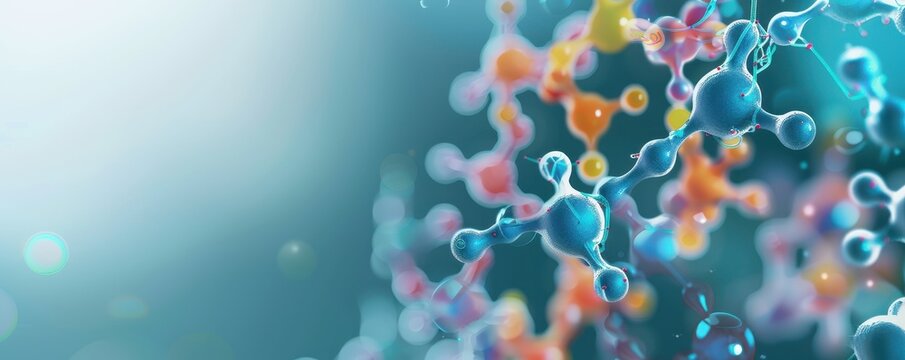 Colorful abstract molecular structures representing scientific research, biotechnology, and genetics in a high-tech background.