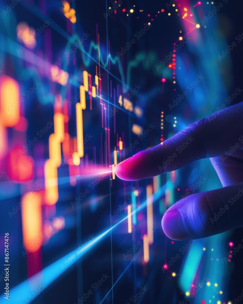 Poster Close-up view of a hand pointing at a digital financial chart with colorful graphs and statistics, representing data analysis.