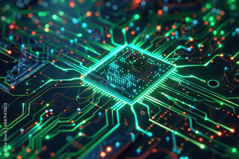 Aufkleber Close-up of a vibrant, illuminated computer microchip with complex circuitry, representing advanced technology and modern electronics.