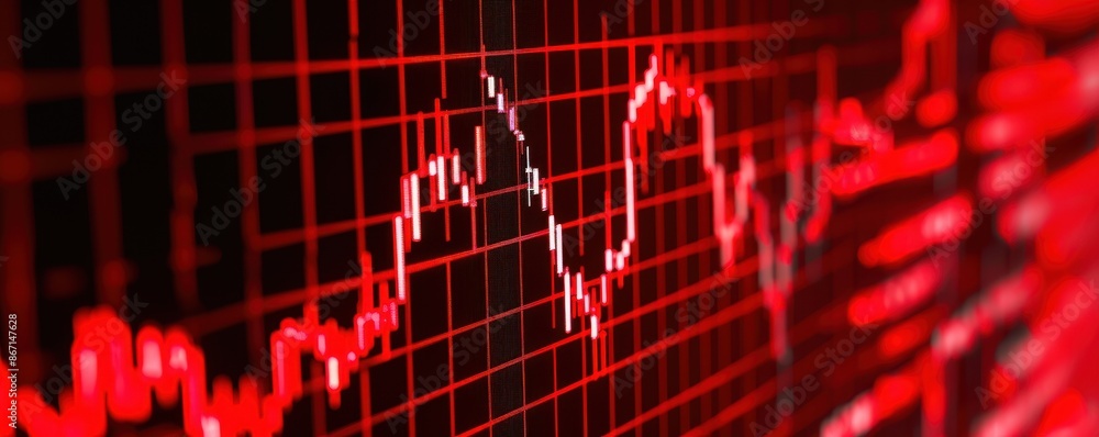 Poster Close-up of a red financial stock market graph showing data fluctuations and trends on a black grid background.