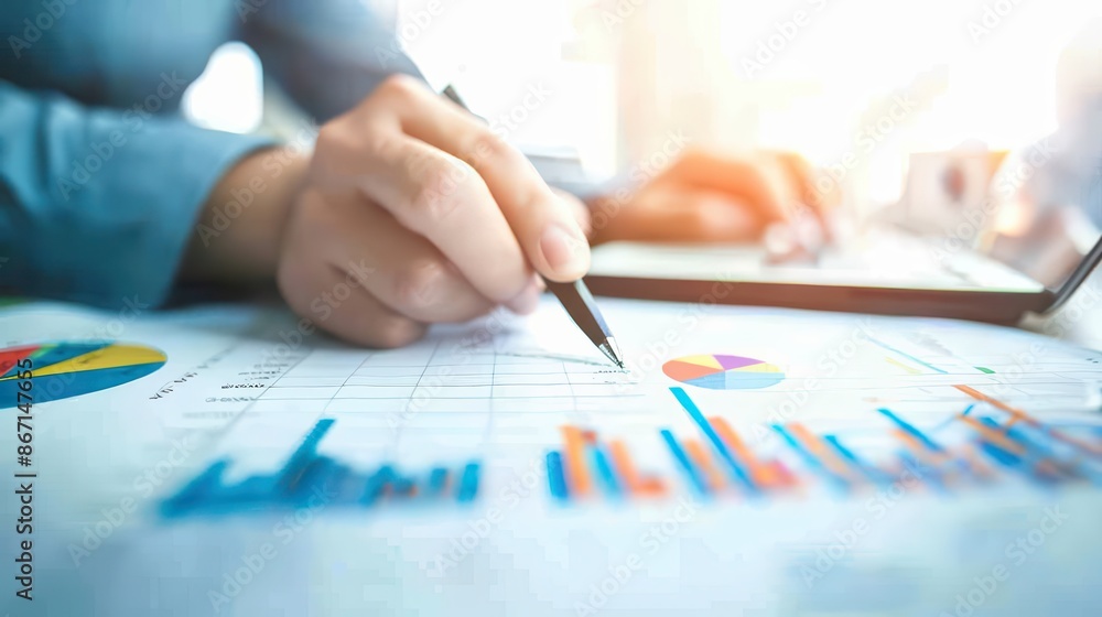 Aufkleber close-up of a person analyzing graphs and charts on paper, with a pen and laptop, indicating busines