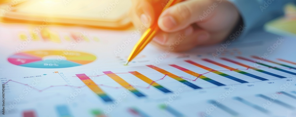 Poster close-up of a hand holding a pen analyzing colorful business charts and graphs, focusing on financia