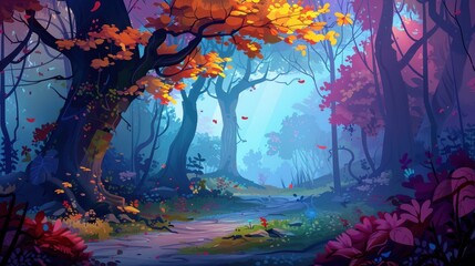 Enchanted Autumn Forest Path. Whimsical and Magical Nature Illustration