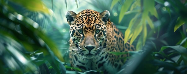 Close-up of a majestic jaguar in dense jungle foliage with piercing eyes, showcasing the raw beauty and power of nature's predator.