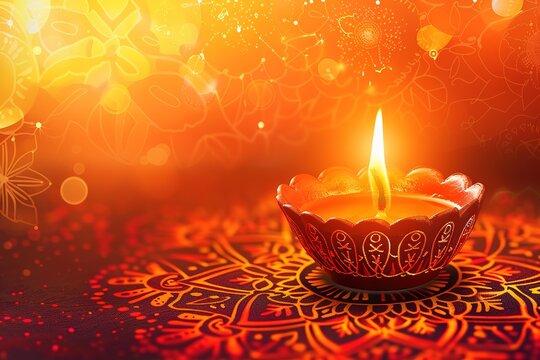 A decorative Diwali lamp against glittering background