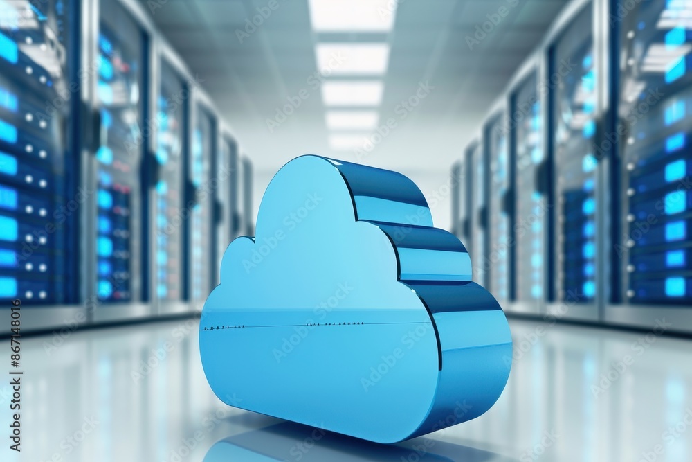 Poster blue cloud storage icon in a modern data center, representing cloud computing, data management, and 