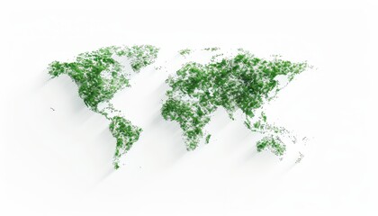 Artistic world map featuring green foliage representing different continents on a white background, symbolizing eco-friendly and nature concepts.
