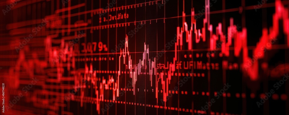 Poster Abstract red financial graph chart with data points, representing a stock market decline and economic fluctuations.