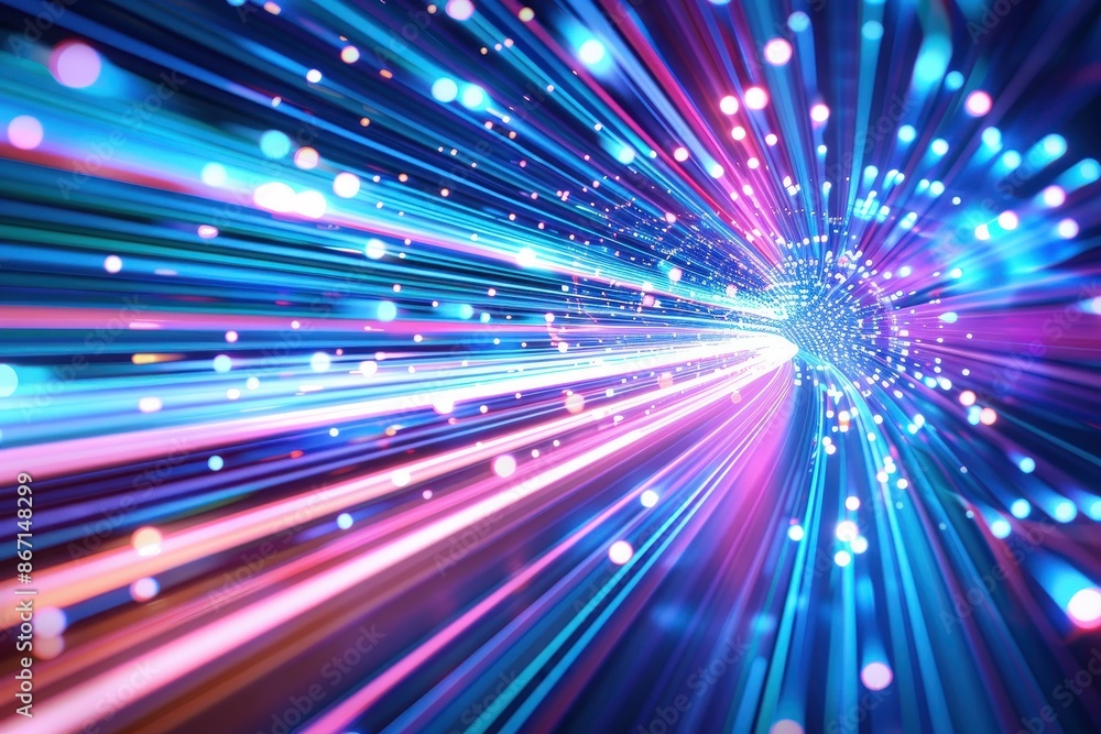 Poster Abstract image of colorful light trails creating a dynamic, futuristic look with vibrant blue and pink colors, and a sense of motion.