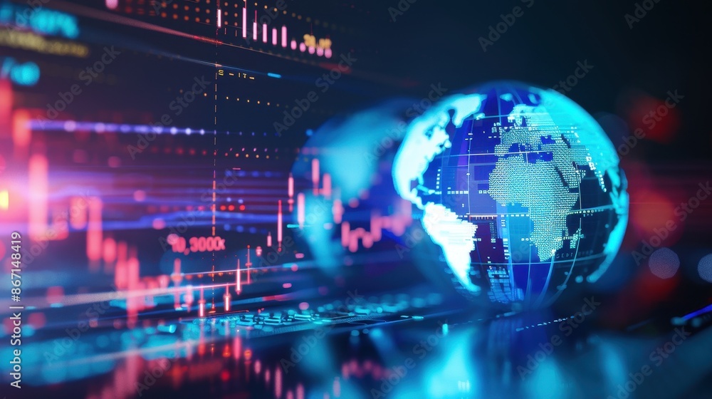 Poster abstract digital world map with financial data chart, showcasing global economy and technology.