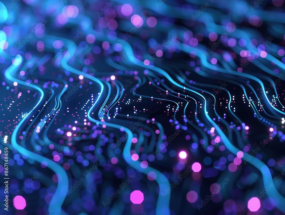 Aufkleber Abstract digital waves with glowing dots in blue and purple, representing modern technology and data visualization concepts.