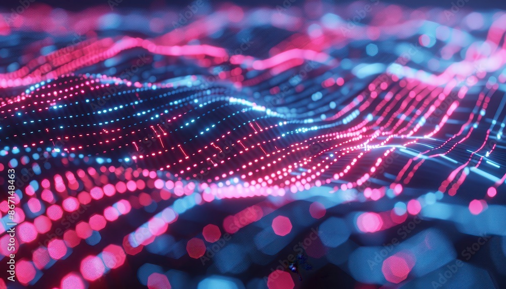 Poster abstract digital wave with glowing neon red and blue lights, representing futuristic technology and 