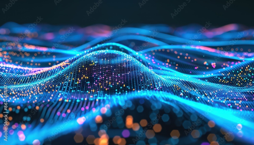 Poster abstract digital wave of glowing particles. futuristic blue and orange light dots create a dynamic v