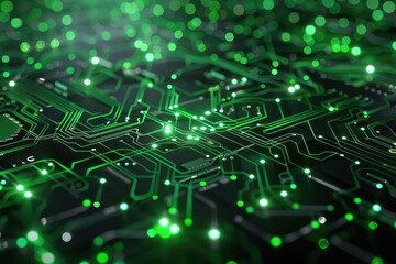 Obraz premium Abstract green and black circuit board with glowing lights, representing technology, connection, and digital data.