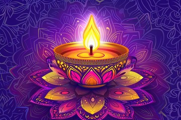Shiny colorful floral background with illuminated 3D Oil Lamps (Diya) for Diwali celebration.