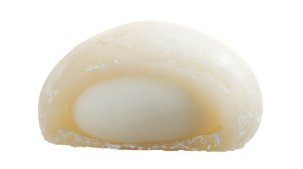 Close-up of a delicious mochi ice cream. The white mochi has a soft, chewy texture with a creamy ice cream filling inside. Isolated on white background.