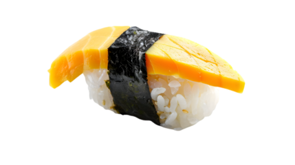 Close-up of a delicious tamago nigiri sushi with a slice of sweet omelette on top of seasoned rice, wrapped with a strip of nori seaweed.