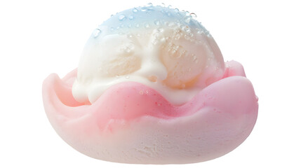 Fototapeta premium Close-up of a delightful ice cream scoop nestled in a pink flower-shaped wafer. Refreshing summer dessert on white background.