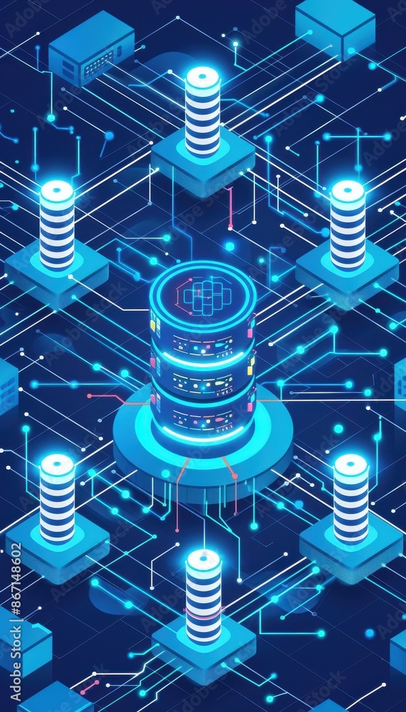 Aufkleber abstract digital illustration of server and data nodes with glowing lines representing network conne