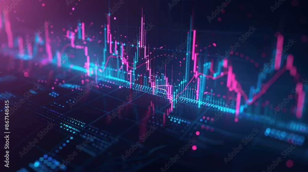 Aufkleber Abstract digital financial chart with glowing green and red light curves representing stock market data analysis and trends.