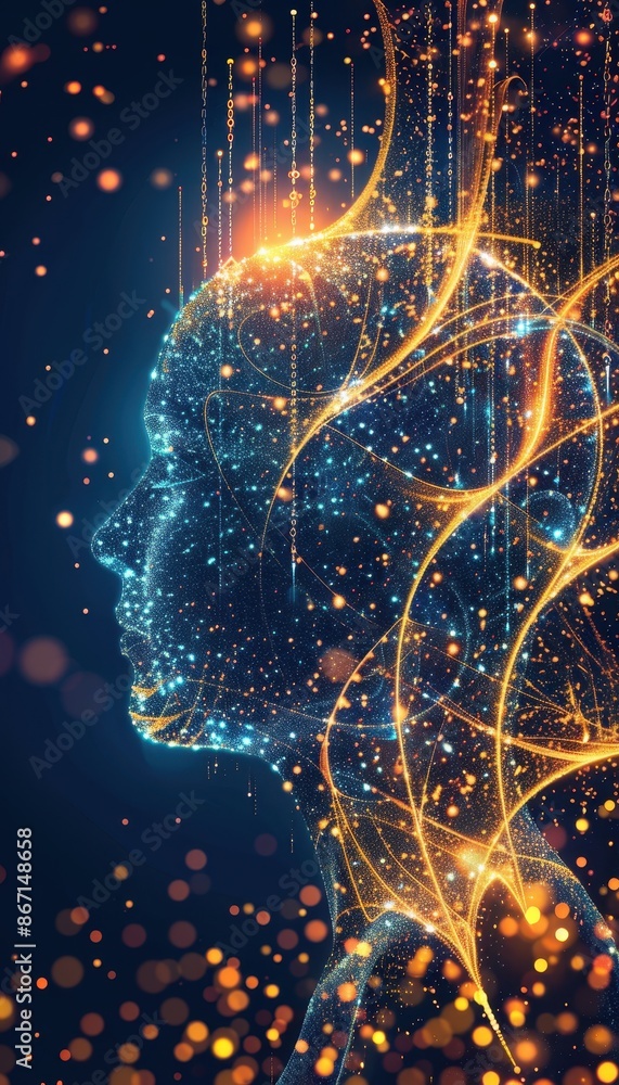 Poster abstract digital human head with glowing lines and particles representing ai, technology, and neural