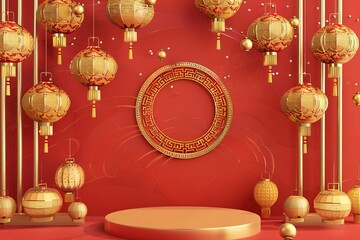 Chinese lamp and metallic ball ornament with podium display stand on red background 3d rendering. 3d illustration greeting for Happiness, Prosperity & Longevity. Chinese new year festival.