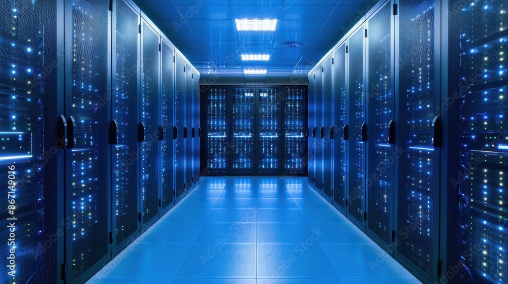 Poster a modern data center with rows of server racks lit by blue lights, representing technology, networki