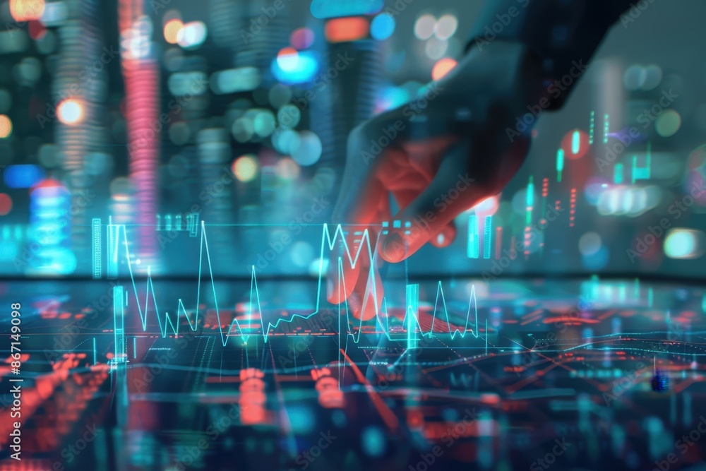 Poster A hand interacting with a futuristic digital display showing data and charts, set against a backdrop of a city at night.