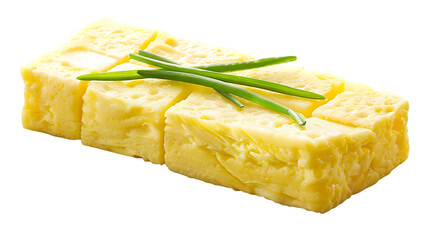 Delicious tamagoyaki, Japanese rolled omelette, garnished with fresh chives for a tasty and elegant breakfast or bento box addition.