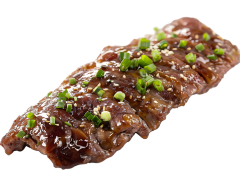 Delicious grilled pork ribs glazed with barbecue sauce and garnished with fresh green onions. Perfect for a tasty and savory meal.