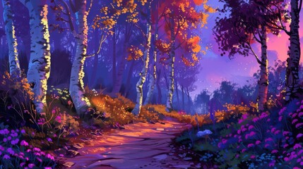 Magical Forest Path at Sunset with Glowing Flowers and Birch Trees