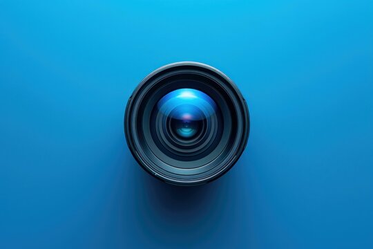 Camera lens with visible elements reflecting light on a blue background