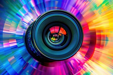 Camera lens reflecting a spectrum of vibrant colors and dynamic light streaks, capturing a sense of energy and movement