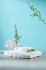 Blue background photo was shot from front with tea tree theme, in the center of gray countertop is empty showcase pedestal for cosmetic displaying, which made from natural ingredient