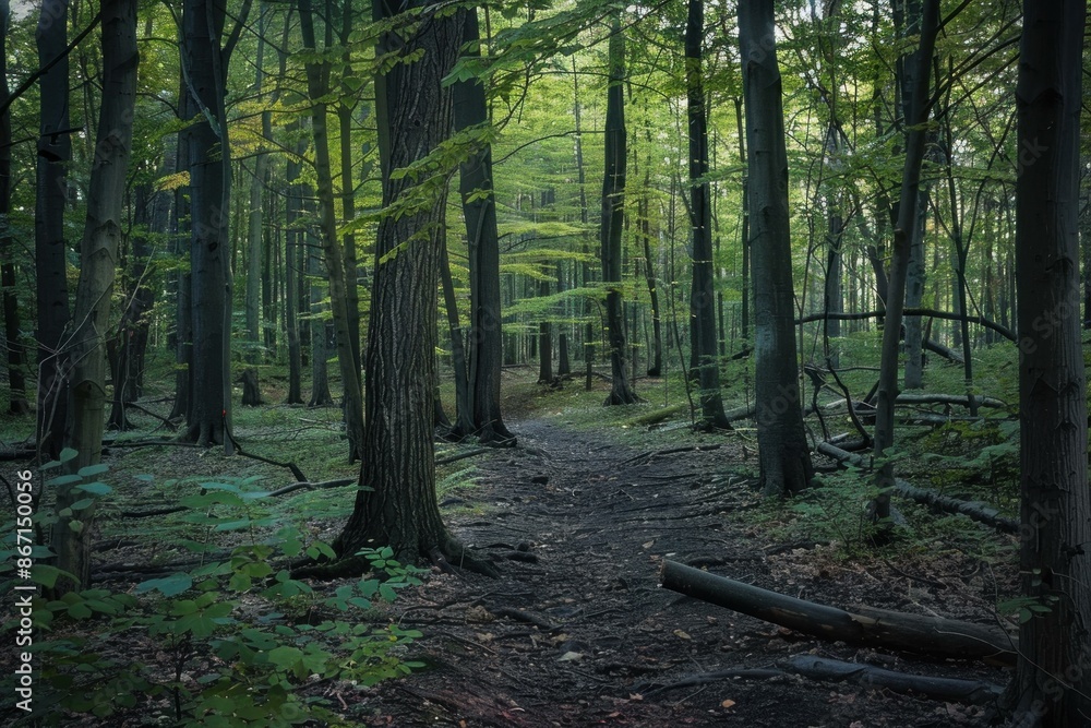 Poster mysterious path is leading into a dense forest with tall trees and lush foliage