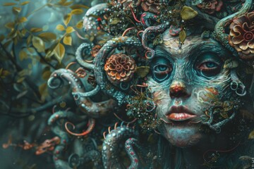 Fototapeta premium Ornate mythical figure with tentacle-like hair and intricate, nature-inspired adornments