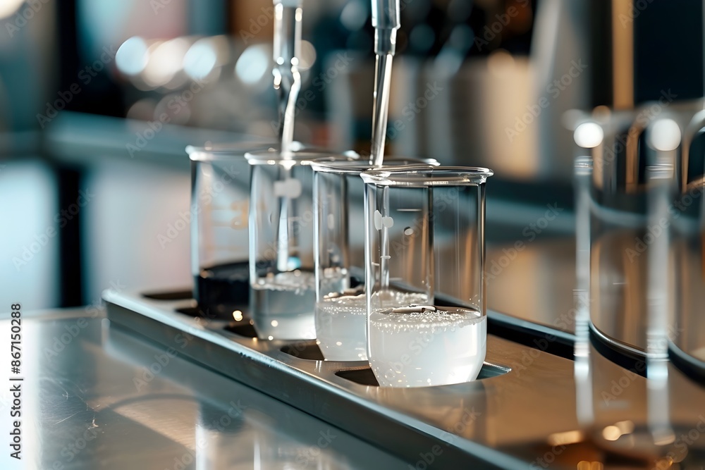 Aufkleber access to multiple transparent beakers in a organized laboratory workspace