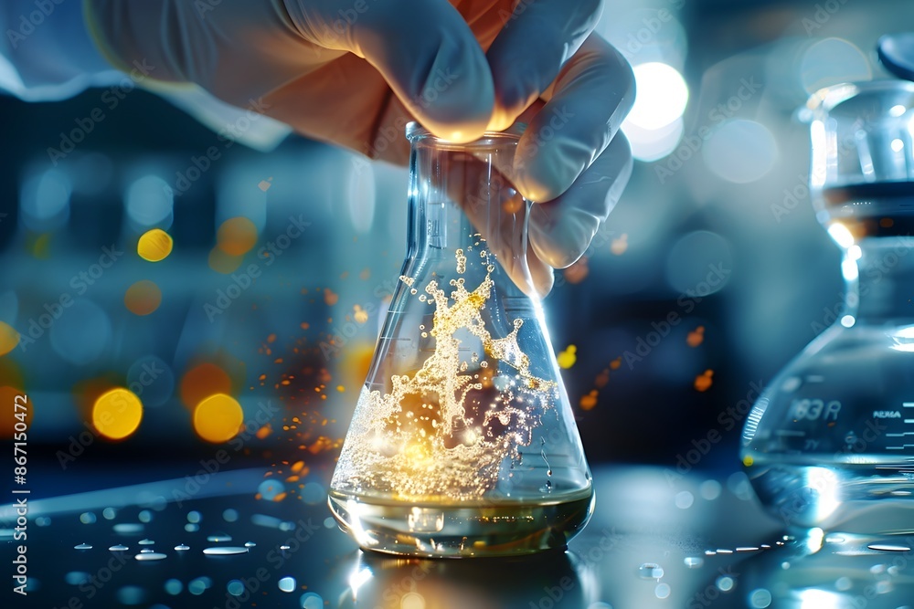 Poster accessing a beaker for scientific analysis with sparkling liquid and bokeh background