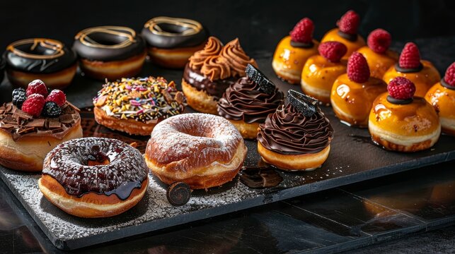 Assorted donuts, sweets, and pastries, vibrant and detailed, dark backdrop, glittering toppings, rich textures, visually captivating and appetizing