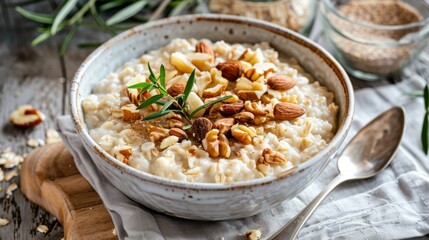 Fototapeta premium A warm and comforting bowl of oatmeal topped with toasted nuts and dried fruits foraged from the mountains.
