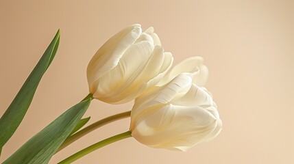 Beautiful tulip close-up, minimalist floral arrangement, soft pastel colors, neutral beige backdrop, subtle light, delicate and serene