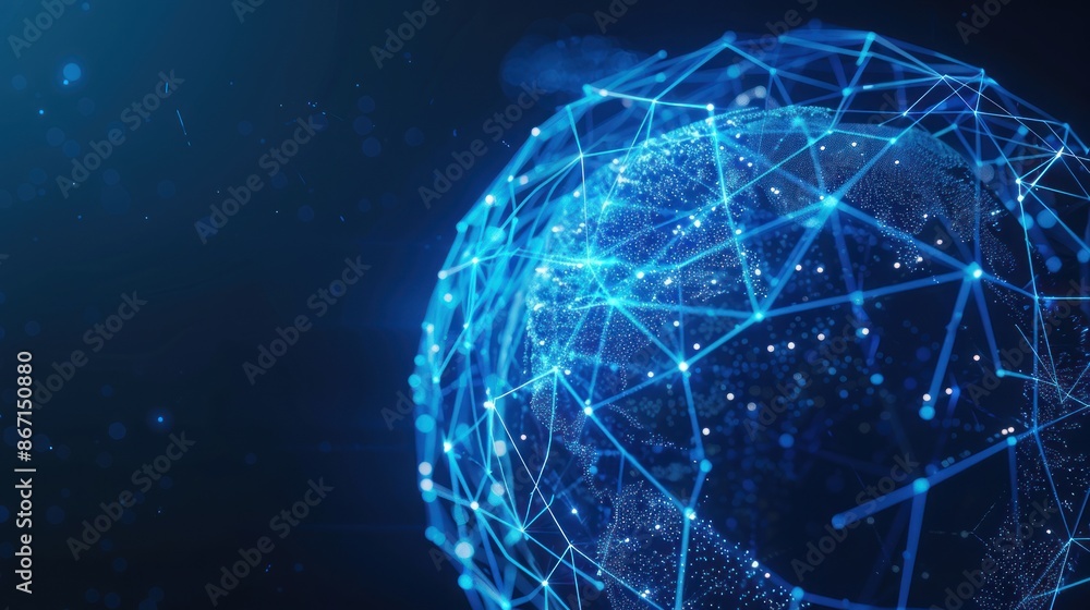 Poster futuristic globe with abstract connected lines and blue neon color on dark background
