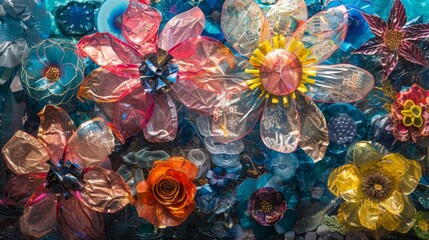 Bright flowers enclosed in plastic, vivid colors juxtaposed with pollution, detailed textures, eco-awareness message, powerful visual statement