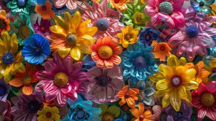 Bright flowers enclosed in plastic, vivid colors juxtaposed with pollution, detailed textures, eco-awareness message, powerful visual statement